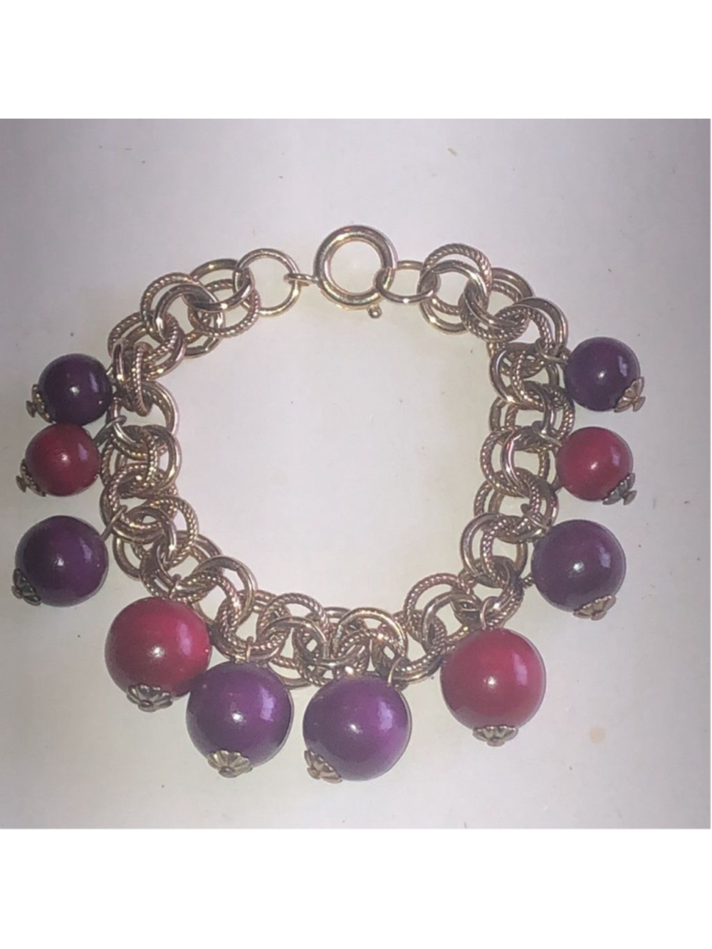 Vintage Germany Gold Tone Purple & Red Dangling Beaded Retro Boho Bracelet